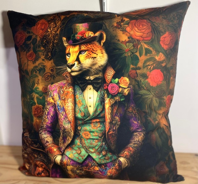 Coussin Guépard en costume en velours ras