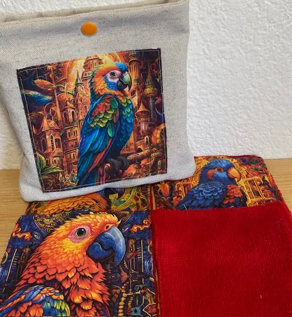 Lot de 7 lingettes démaquillantes – Motif Perroquet – avec pochette en lin