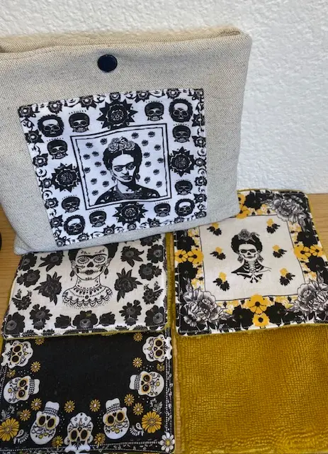 Lot de 7 lingettes démaquillantes – Motif Frida Kahlo – avec pochette en lin