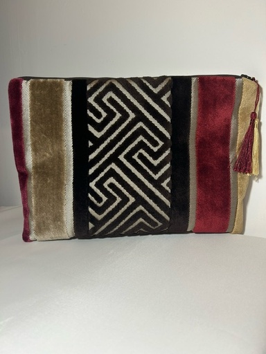 Grande pochette en velours de soie marron et rouge – Élégance et raffinement