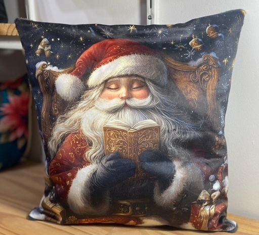 Coussin Père Noël en velours – Impression numérique, fait main, 32x32 cm
