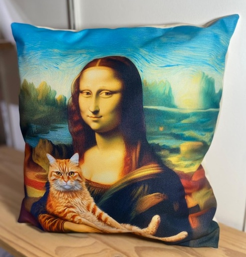 Coussin La Joconde et son chat roux – Tissu imperméable, impression numérique, fait main, 38x38 cm