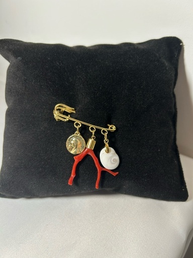 Broche en plaqué or avec œil de Sainte Lucie, corail et médaille de la vierge ~5cm