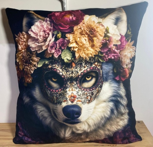 Coussin Loup Masqué en velours ras 