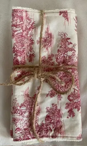 Lot de 2 essuie-tout réutilisables - 29x20 cm - Tissu toile de jouy rouge et éponge de bambou 
