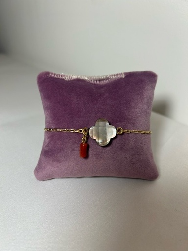 Bracelet chaîne en plaqué or avec nacre en forme de croix arrondie noir et pendentif corail ~19cm