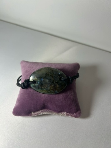 Bracelet homme en cuir avec labradorite, fermoir aimanté et chaîne de sécurité ~23cm